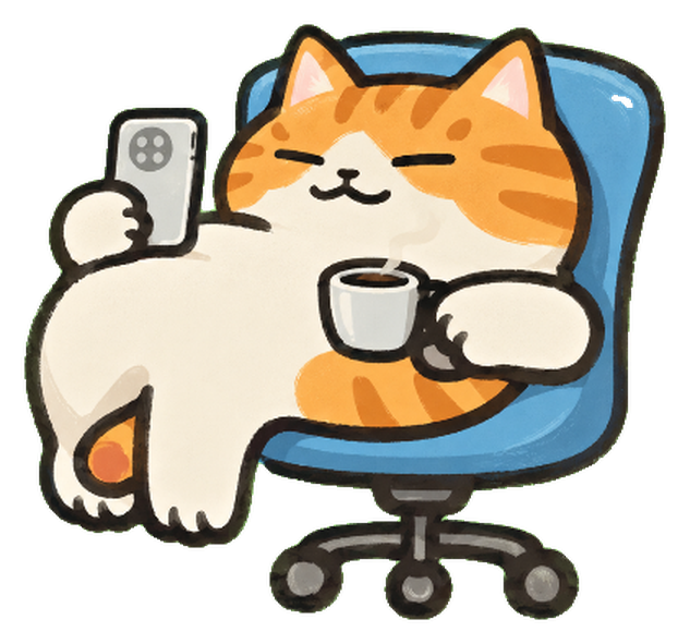 Chairman, an orange tabby cat lounging in a blue office chair with a phone and a cup of coffee