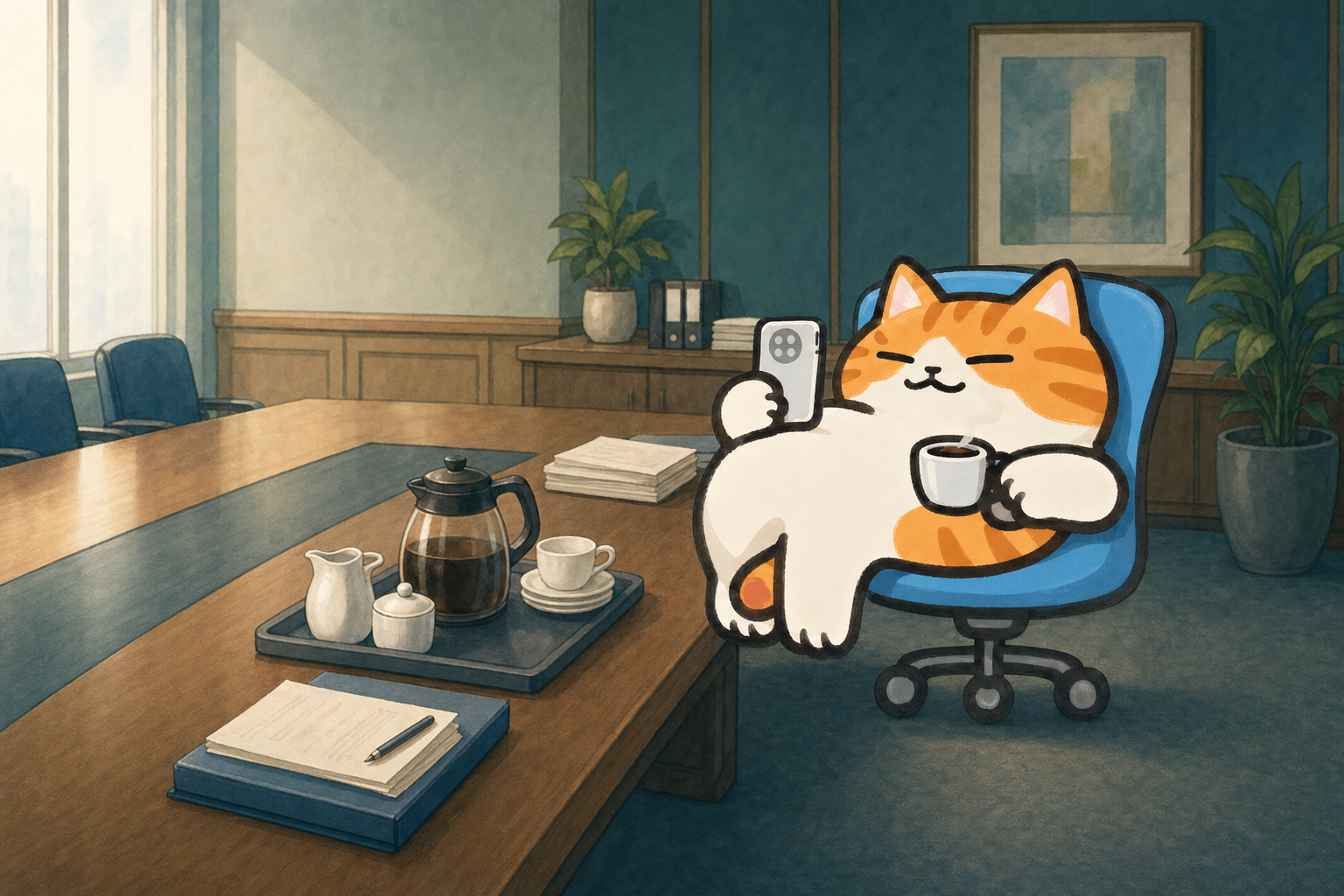 Chairman reclining in his blue chair at the head of a boardroom table set with coffee
